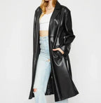 Women's Original Black Full-Grain Leather Coat – Handcrafted Premium Long Trench Coat with Belt