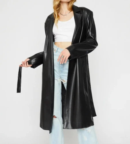 Women's Original Black Full-Grain Leather Coat – Handcrafted Premium Long Trench Coat with Belt