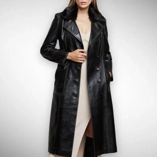 Women's Original Black Full-Grain Leather Moto Coat – Handcrafted Premium Long Biker Coat