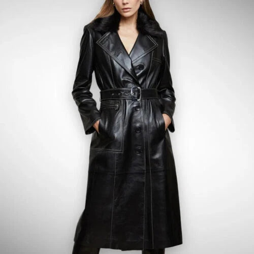 Women's Original Black Full-Grain Leather Moto Coat – Handcrafted Premium Long Biker Coat