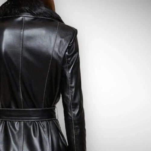 Women's Original Black Full-Grain Leather Moto Coat – Handcrafted Premium Long Biker Coat