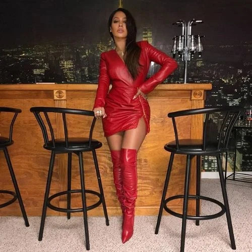 Red Original Leather Dress - Long Sleeve Mini with Wrap Detail and Ruched Sides