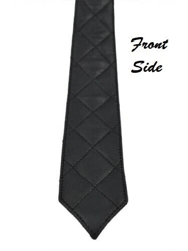 Premium Black Quilted Original Leather Necktie - Diagonal Diamond Stitching