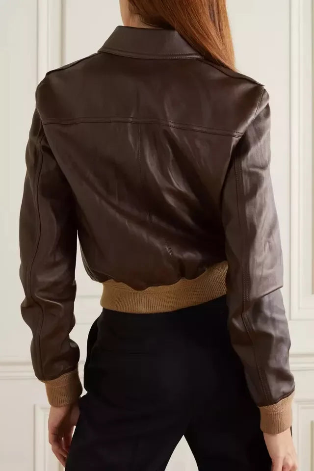 Women's Brown Original Leather Bomber Jacket - Premium Full-Grain Aviator Style