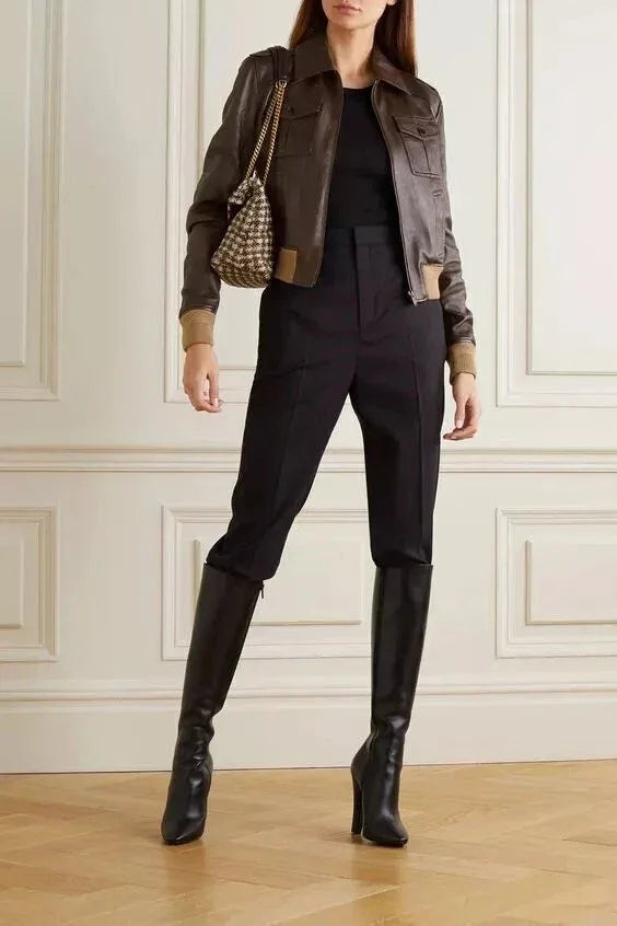 Women's Brown Original Leather Bomber Jacket - Premium Full-Grain Aviator Style
