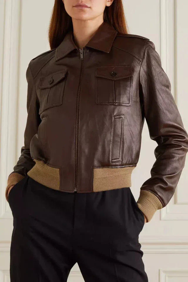 Women's Brown Original Leather Bomber Jacket - Premium Full-Grain Aviator Style