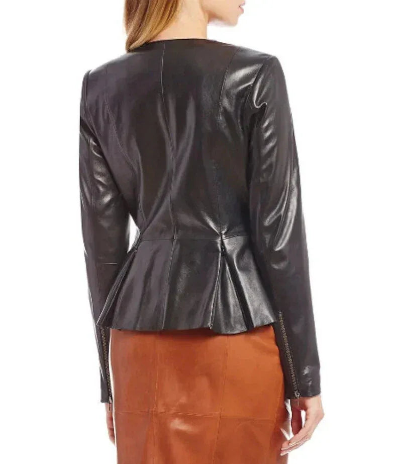 Women's Black Original Leather Peplum Jacket - Premium Full-Grain Tailored Fit