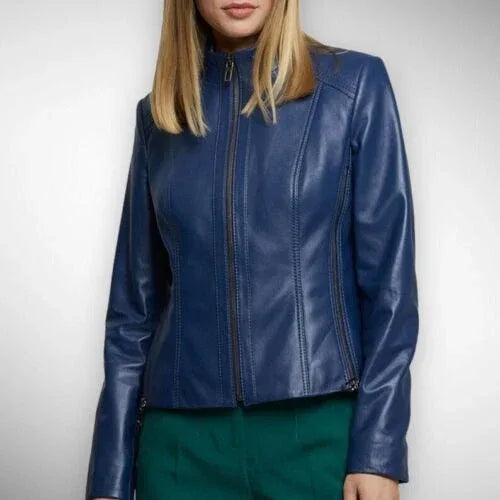 Women's Original Navy Blue Leather Jacket - Premium Full-Grain Leather