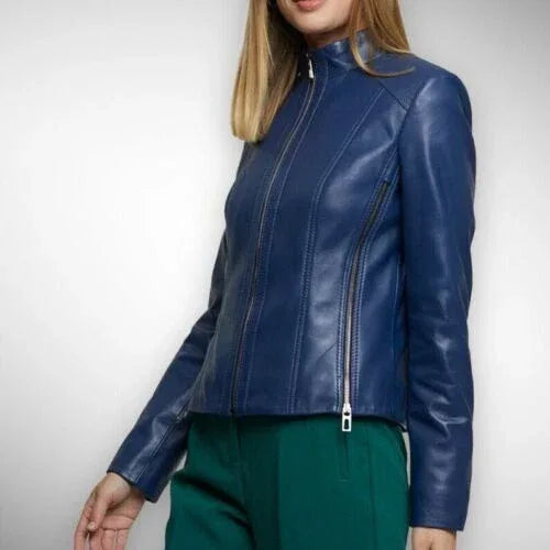 Women's Original Navy Blue Leather Jacket - Premium Full-Grain Leather