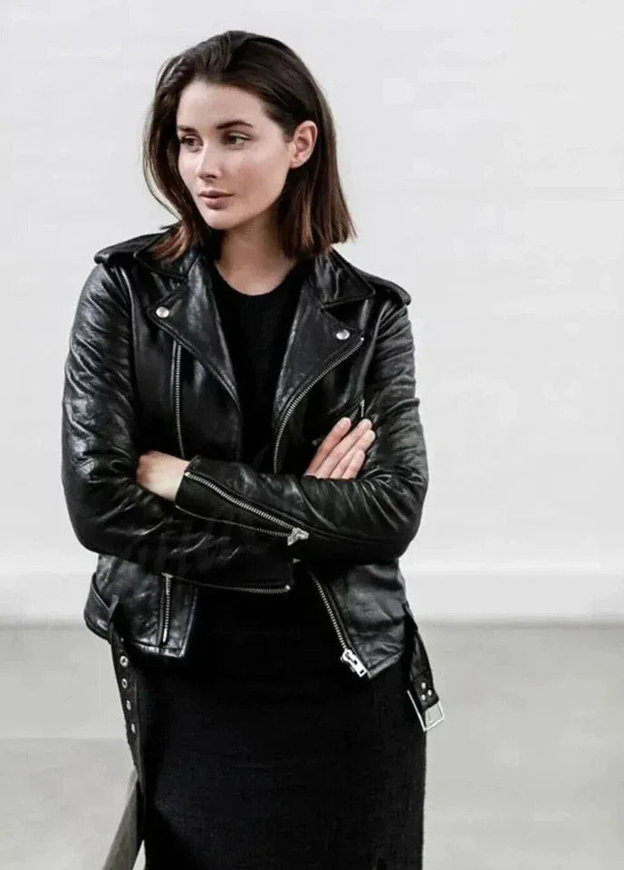 Women's Black Original Leather Moto Jacket - Premium Full-Grain Biker Style