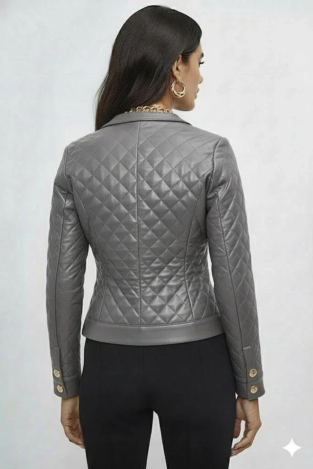 Women's Grey Quilted Original Leather Jacket - Premium Full-Grain Leather
