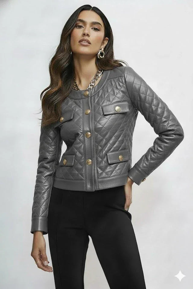 Women's Grey Quilted Original Leather Jacket - Premium Full-Grain Leather
