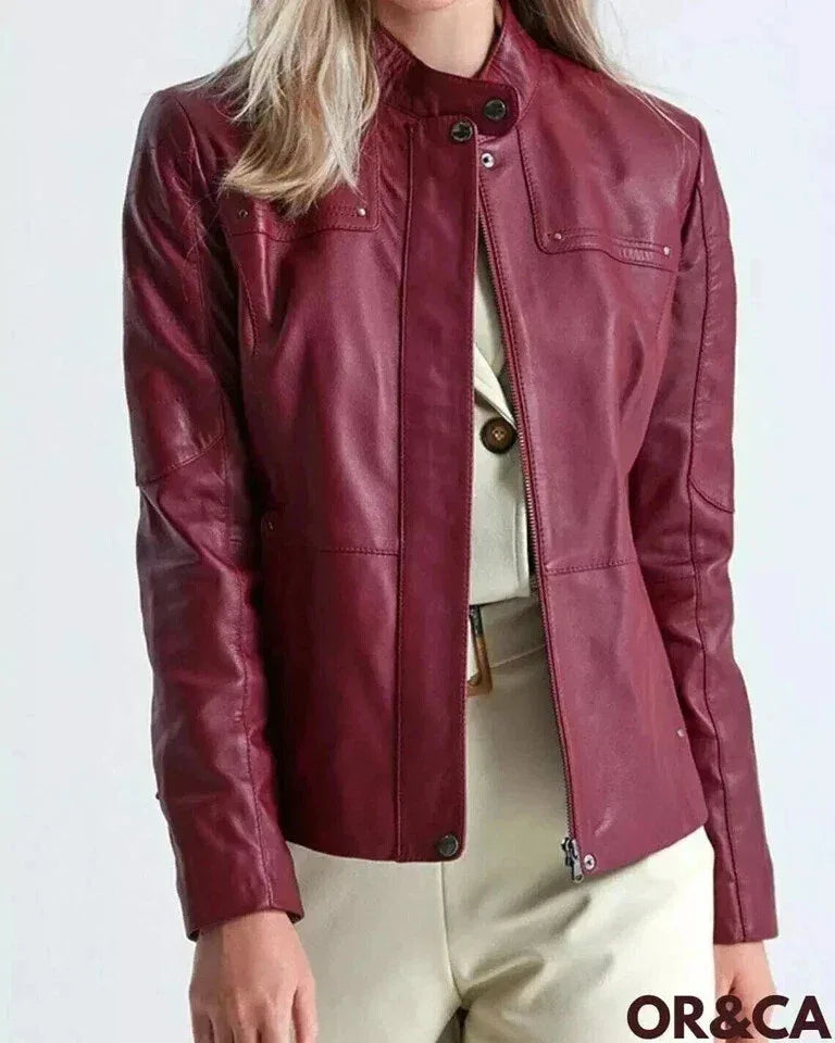 Women's Burgundy Original Leather Jacket - Premium Full-Grain Wine Red Leather