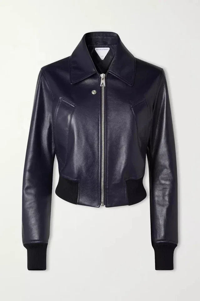 Navy Blue Original Leather Bomber Jacket Premium Classic Biker Style