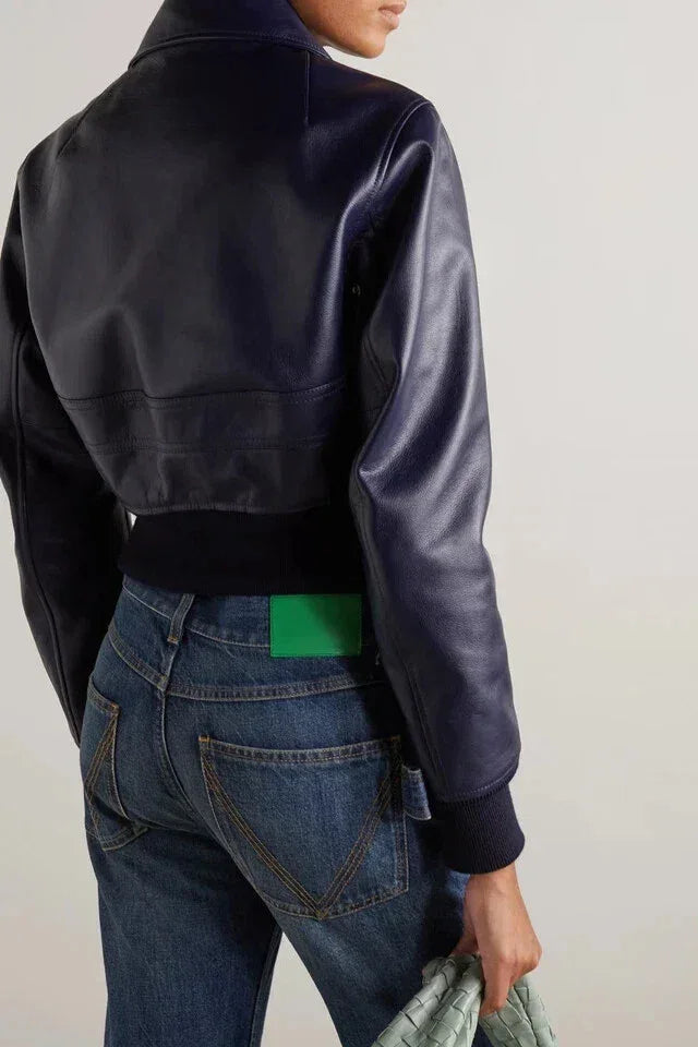 Navy Blue Original Leather Bomber Jacket Premium Classic Biker Style