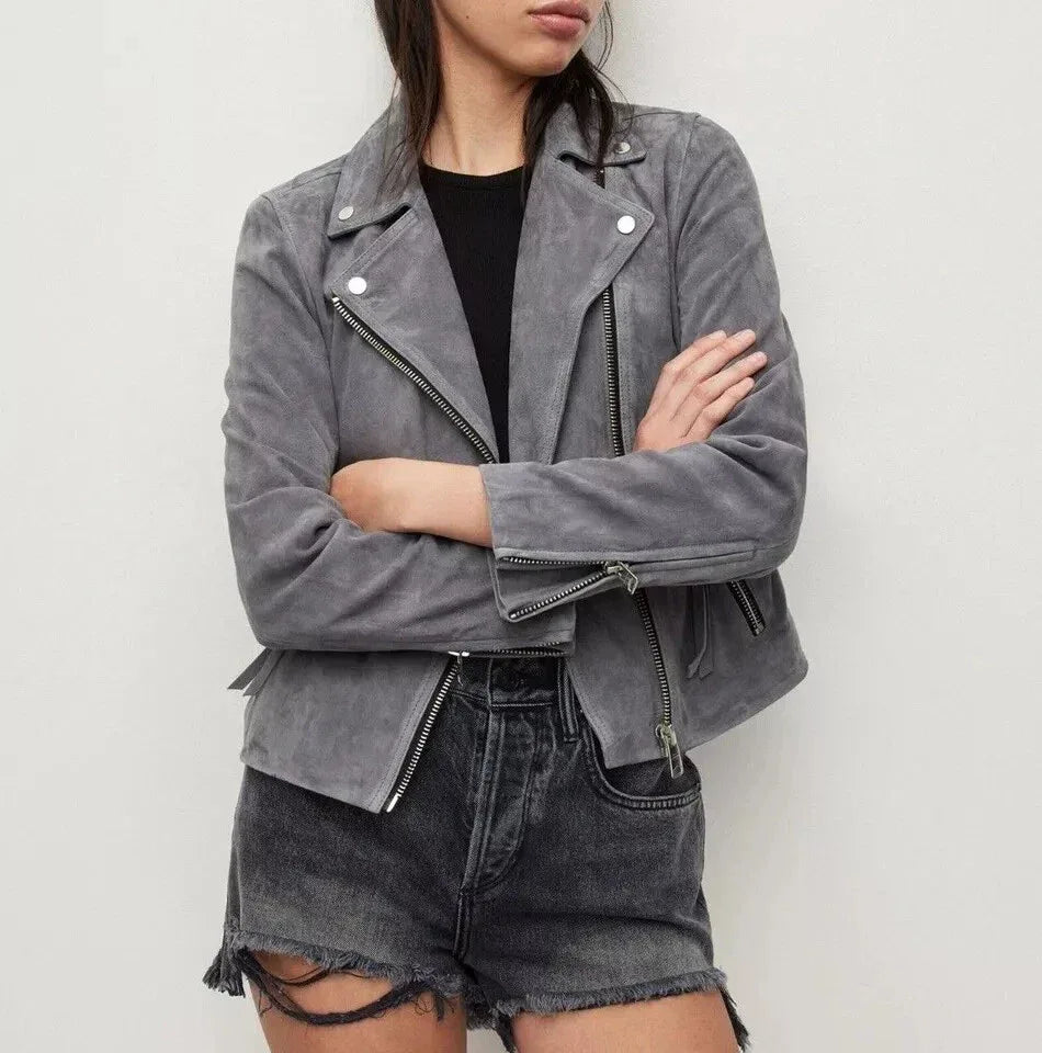 Grey Suede Moto Original Jacket – Handcrafted Premium Full-Grain Suede Leather