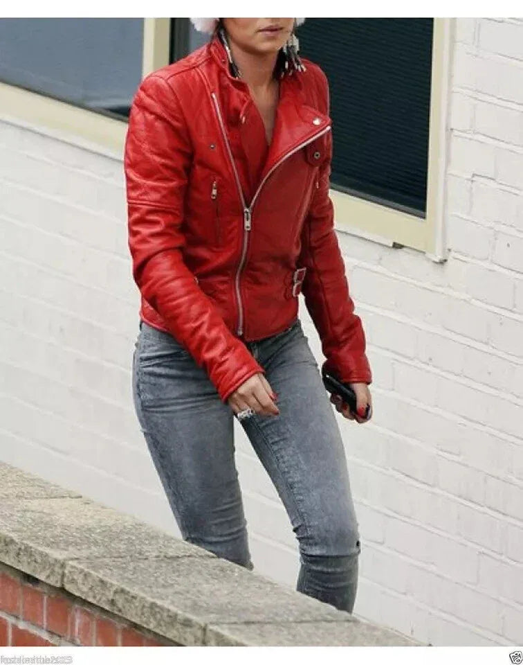 Women's Original Red Leather Quilted Premium Moto Jacket