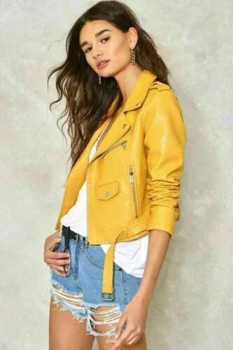 Premium Yellow Original Leather Biker Jacket - Full-Grain Premium Handcrafted Moto Jacket