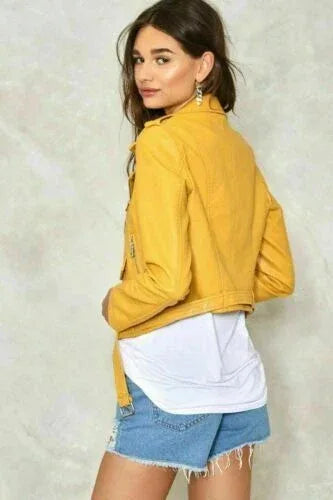 Premium Yellow Original Leather Biker Jacket - Full-Grain Premium Handcrafted Moto Jacket