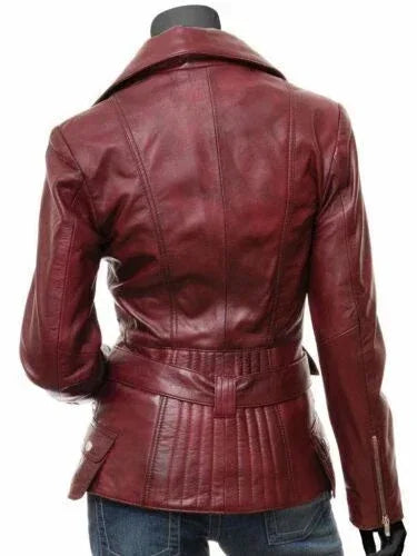 Premium Burgundy Leather Original Biker Jacket - Full-Grain Belted Moto Jacket