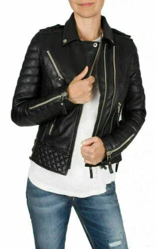 Women's Quilted Leather Biker Jacket - Premium Full-Grain Black Leather
