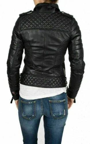 Women's Quilted Leather Biker Jacket - Premium Full-Grain Black Leather