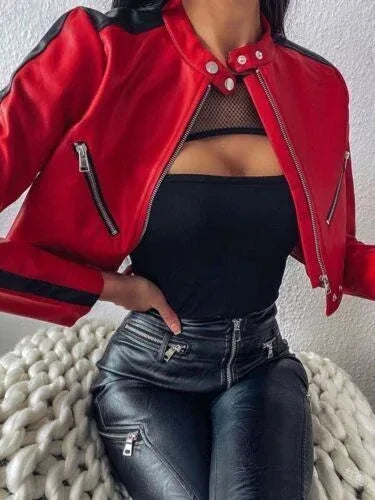 Women's Original Red & Black Leather Biker Jacket - Premium Two-Tone Moto Style