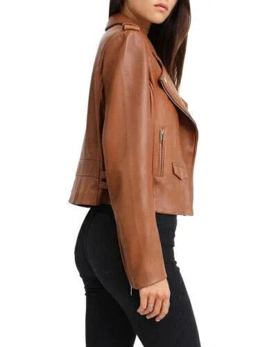 Women's Tan Original Leather Biker Jacket - Premium Cognac Brown Moto Style