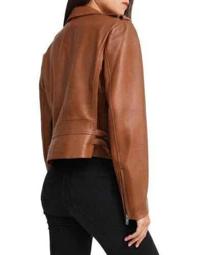 Women's Tan Original Leather Biker Jacket - Premium Cognac Brown Moto Style