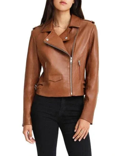 Women's Tan Original Leather Biker Jacket - Premium Cognac Brown Moto Style