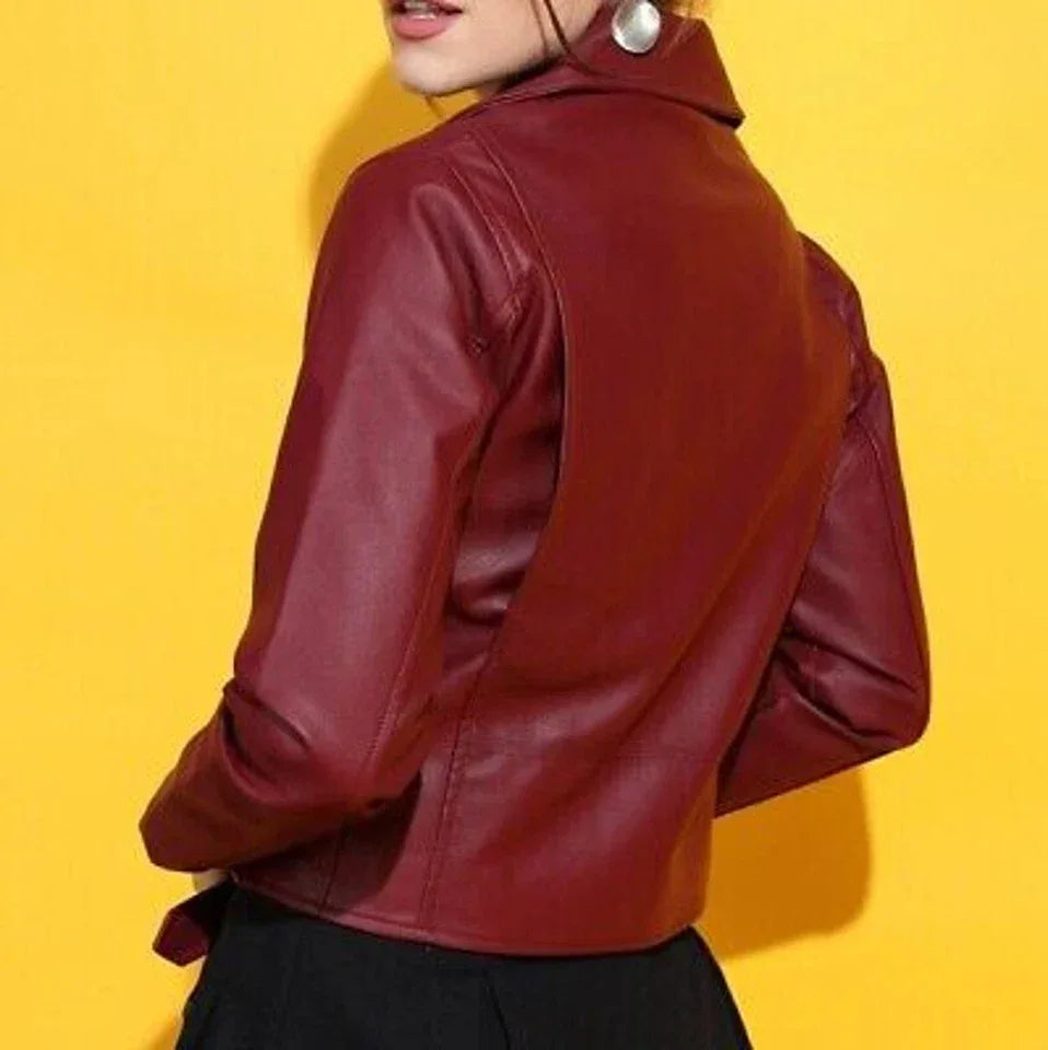 Women's Original Burgundy Leather Biker Jacket - Premium Wine Red Moto Style