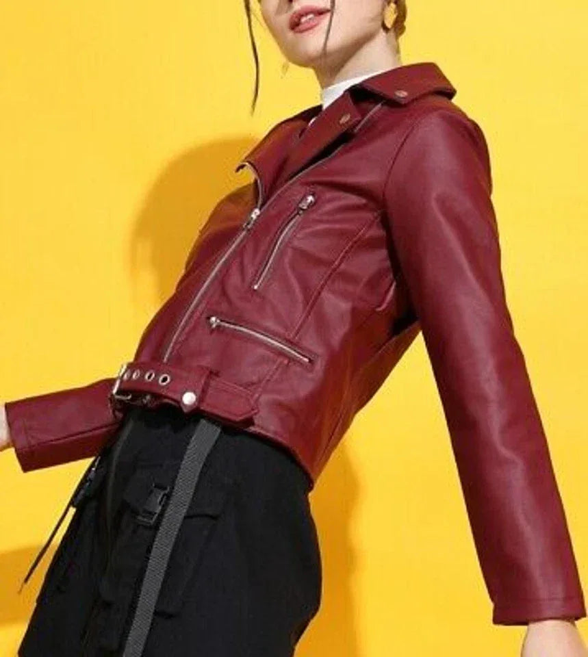 Women's Original Burgundy Leather Biker Jacket - Premium Wine Red Moto Style