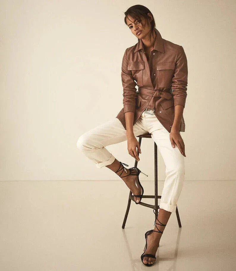 Women's Taupe Original Leather Shirt Jacket - Premium Belted Utility Style