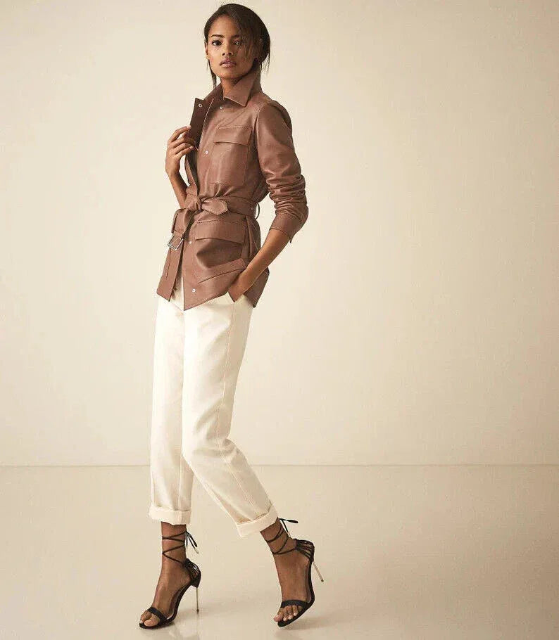 Women's Taupe Original Leather Shirt Jacket - Premium Belted Utility Style