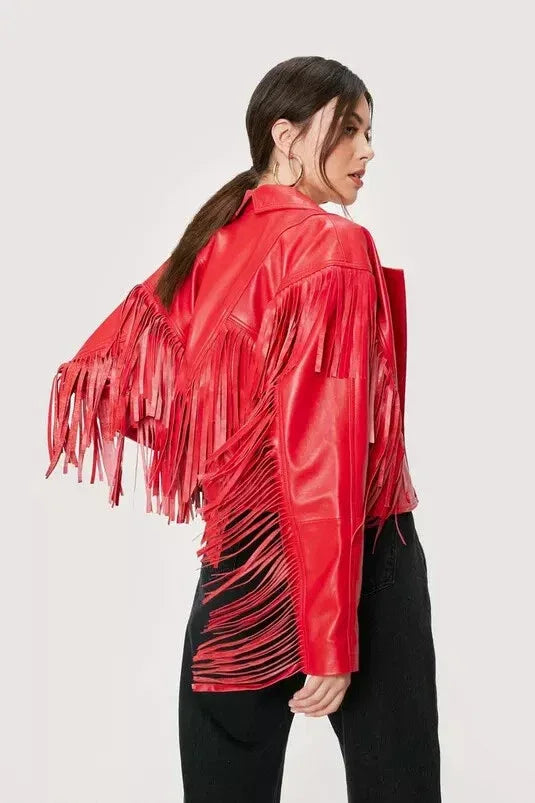 Women's Red Original Leather Fringe Jacket - Premium Western Moto Style
