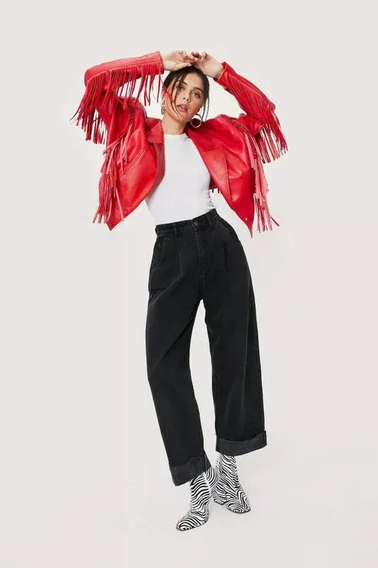 Women's Red Original Leather Fringe Jacket - Premium Western Moto Style