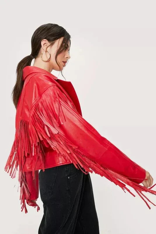 Women's Red Original Leather Fringe Jacket - Premium Western Moto Style