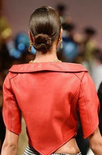 Coral Leather Original Moto Jacket with Cape Sleeves - Women's Premium Full-Grain Leather – back view – Kamercio