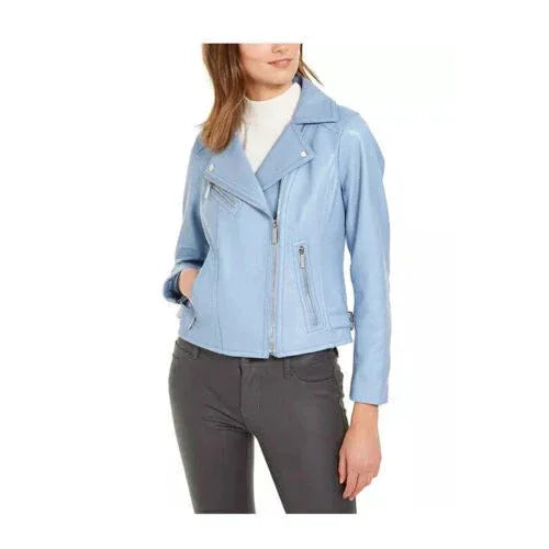 Powder Blue Original Leather Moto Jacket - Women's Premium Full-Grain Leather Biker Jacket