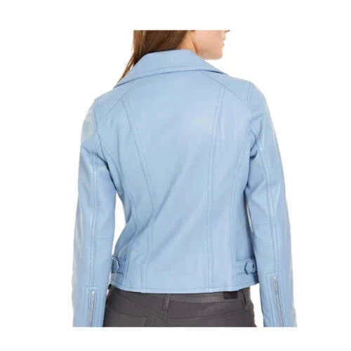 Powder Blue Original Leather Moto Jacket - Women's Premium Full-Grain Leather Biker Jacket