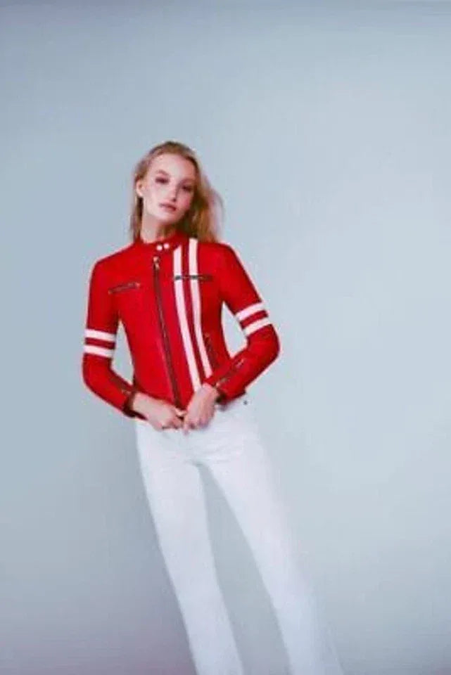 Red Leather Original Varsity Jacket White Stripes - Women's Premium Full-Grain Leather