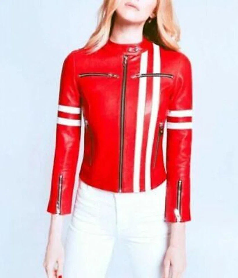 Red Leather Original Varsity Jacket White Stripes - Women's Premium Full-Grain Leather
