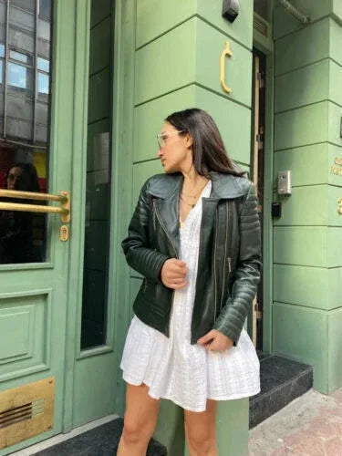 Classic Dark Green Original Leather Moto Jacket - Women's Premium Full-Grain Leather Biker Jacket