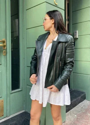 Classic Dark Green Original Leather Moto Jacket - Women's Premium Full-Grain Leather Biker Jacket
