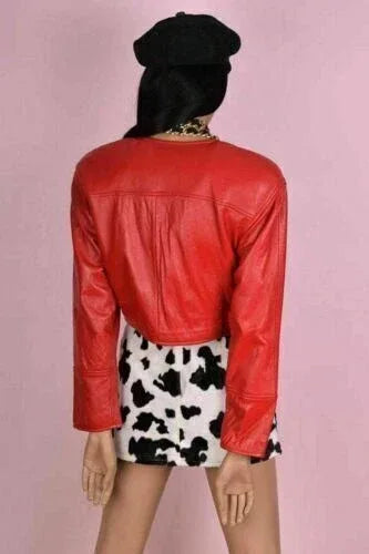 Red Cropped Original Leather Bomber Jacket - Women's Premium Full-Grain Leather Jacket
