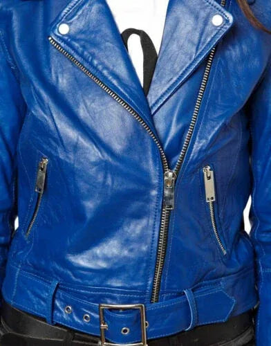 Electric Blue Leather Original Moto Jacket - Women's Premium Full-Grain Leather Biker Jacket