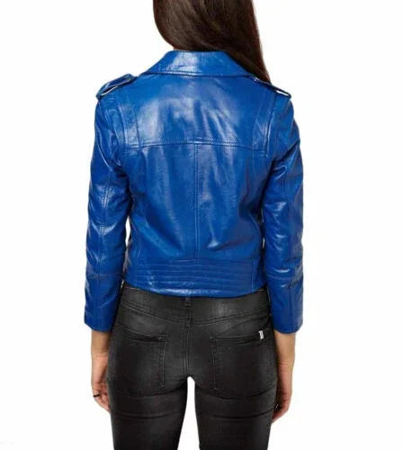 Electric Blue Leather Original Moto Jacket - Women's Premium Full-Grain Leather Biker Jacket