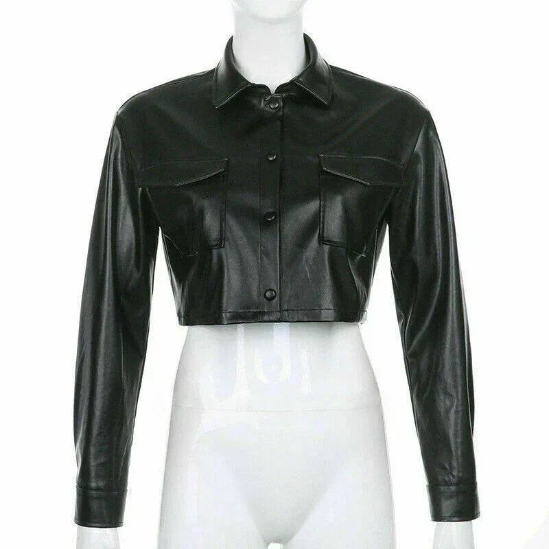Black Original Leather Shirt Jacket with Chest Pockets - Women's Premium Full-Grain Leather