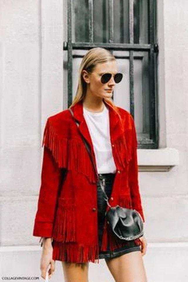 Red Suede Leather Original Fringe Jacket - Women's Premium Full-Grain Leather Western Jacket