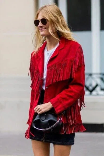 Red Suede Leather Original Fringe Jacket - Women's Premium Full-Grain Leather Western Jacket